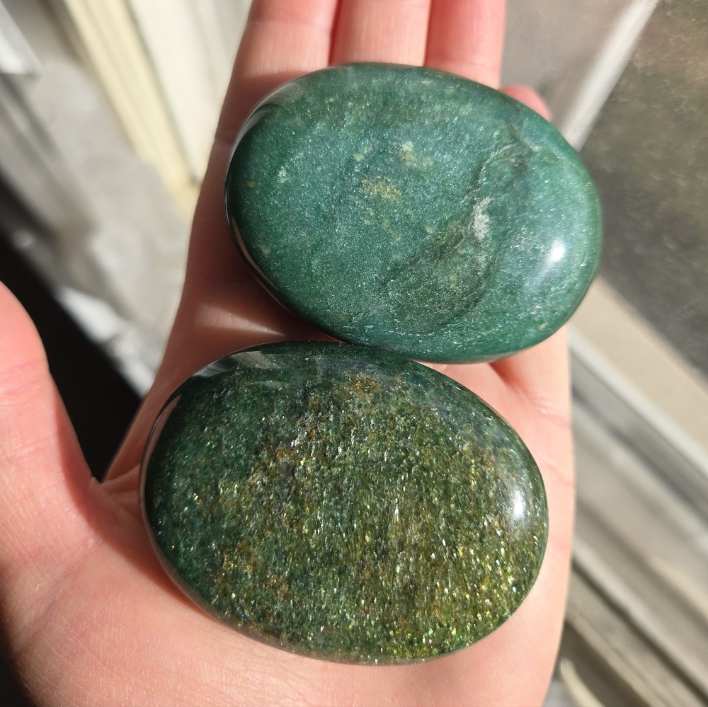 Two Green Fuschite Palm Stones
